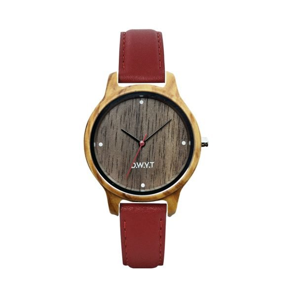 Packshot trendy women's watch Carène with ruby ​​red smooth leather strap