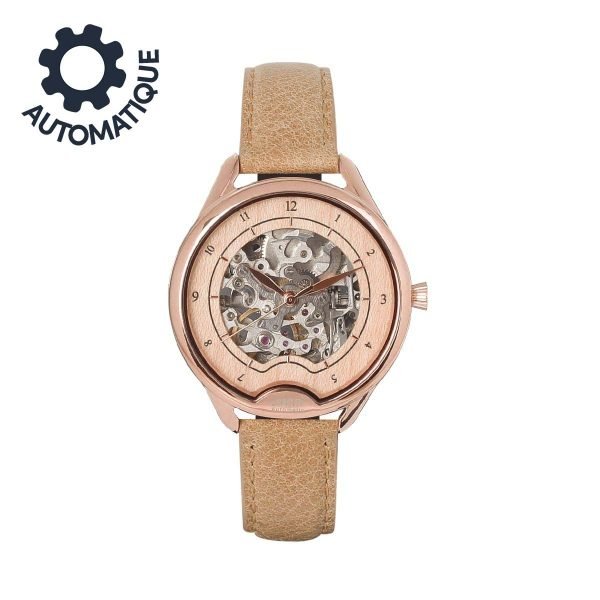 Packshot Odyssey Rosegold ladies skeleton watch with beige grained leather strap