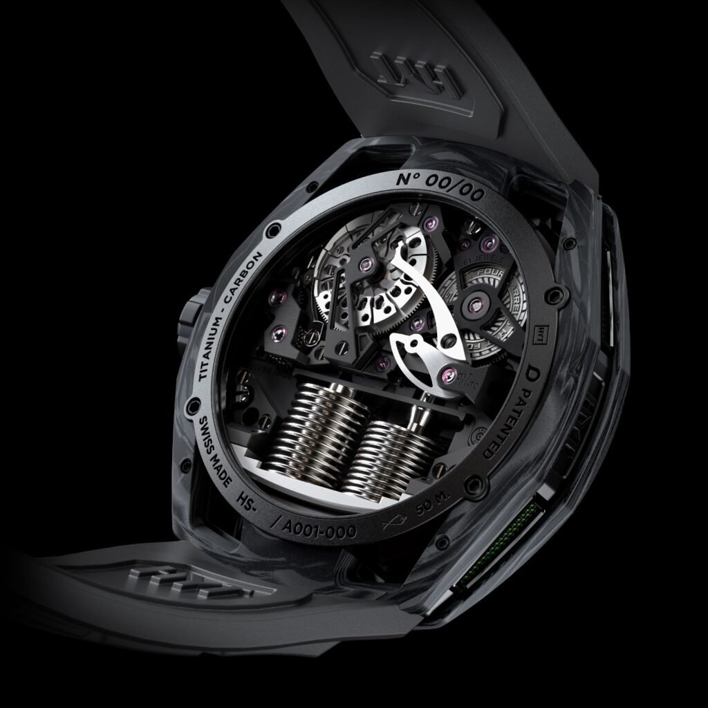 view of the movement from the back of the hyt conical tourbillon
