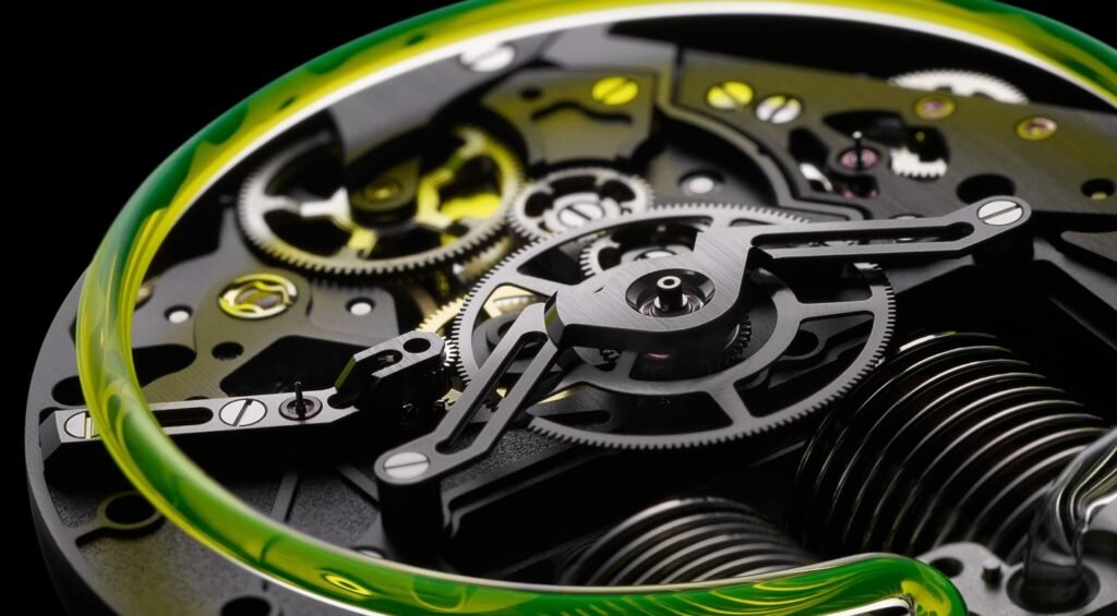 macro on the movement of the hyt conical tourbillon