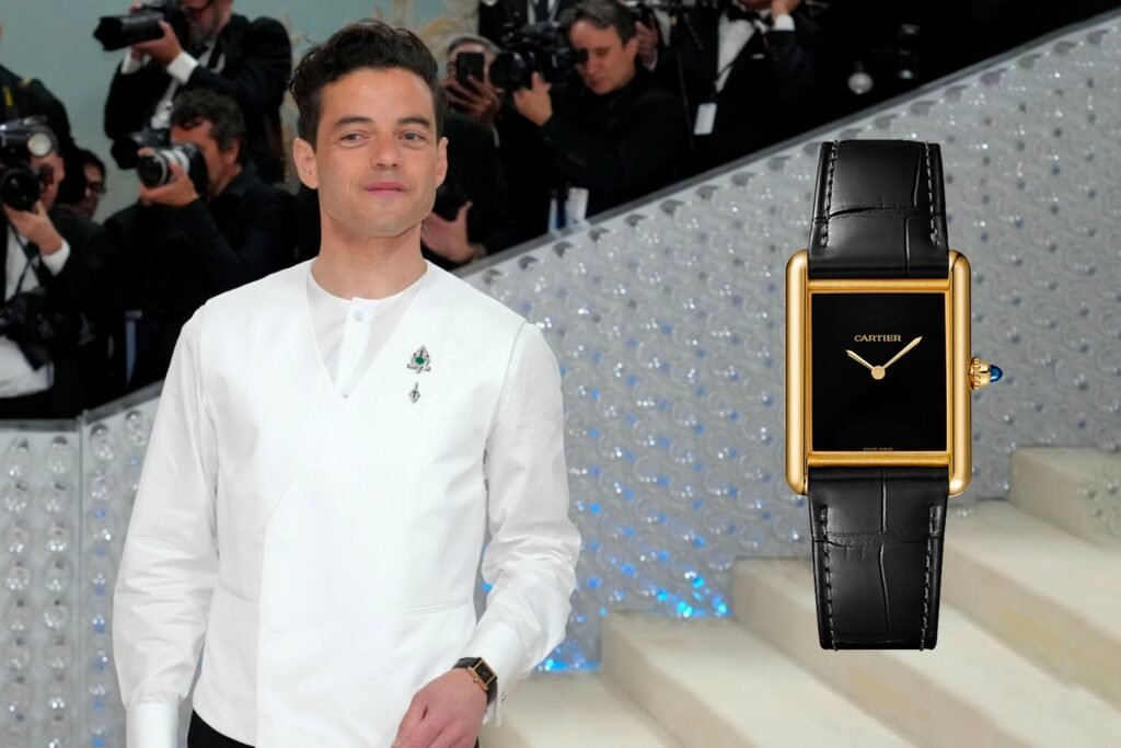 rami malek watches at the 2023 met gala with Cartier Louis Tank 