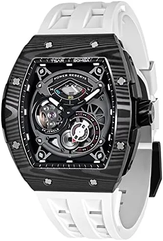 TSAR BOMBA Watchs for Men Automatic - Luxury Tonneau Watch - Energy Storage Indicator - Sapphire Glass - 50m Waterproof - Fluororubber Strap - Gifts for Men