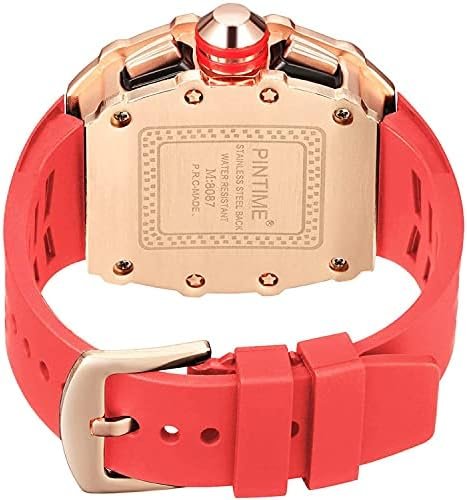 Gosasa Orologio Uomo Punk Bling Iced Out – Forma Tonneau Rettangolare, Cronografo, Impermeabile, Con Cinturino In Silicone Rosso E Dettagli Stelle
