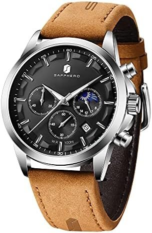 Mens Brown Leather Fashion Business Watch – 10ATM Waterproof Chronograph