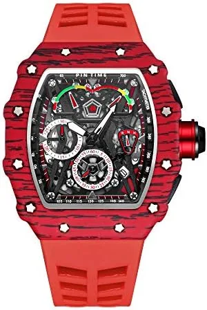 DROCUAMGOYA Men's Fashion Chronograph Sport Style Watch Casual Tonneau Skeleton Black Bracelet Watch Date Quartz Analog Watch Timepiece for Men