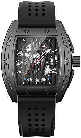 Men’s Tonneau Skeleton Square Automatic Watch with Silicone Band – Waterproof