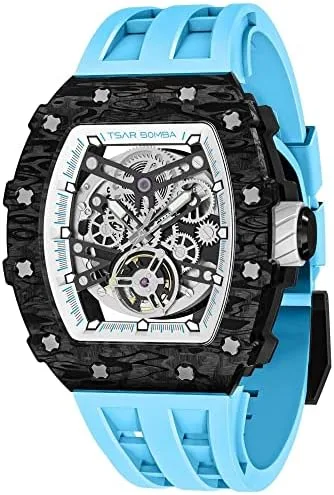 TSAR BOMBA Men’s Waterproof Skeleton Mechanical Watch with Silicone Bands