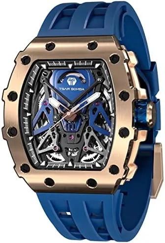 TSAR BOMBA Mens Automatic Mechanical Watches - Japanese Movement Luxury Sapphire Glass - 50M Waterproof Men's Watch - Tonneau Wrist Watches Silicone Band Luminous Elegant Gifts for Men