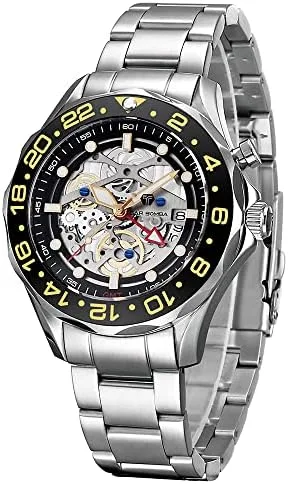 TSAR BOMBA Automatic Mechanical Hybrid GMT Luxury Watches for Men 200M Waterproof Skeleton Japanese Self-Charging Movement Date Premium Business Travel Silver Mens Watch Dual Power Quartz/Automatic