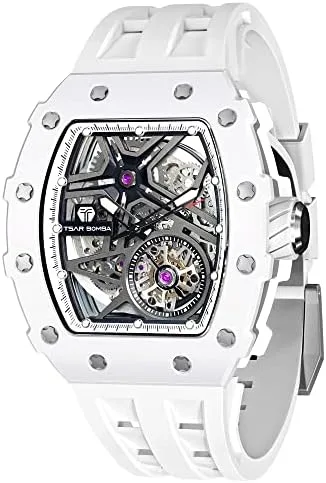 TSAR BOMBA Men's Automatic Watch Tonneau Luxury Skeleton Watches for Men 50M Waterproof Analog Wrok Mens Watches Unique Cool Silver Square Big Face Wristwatch Silicone Strap