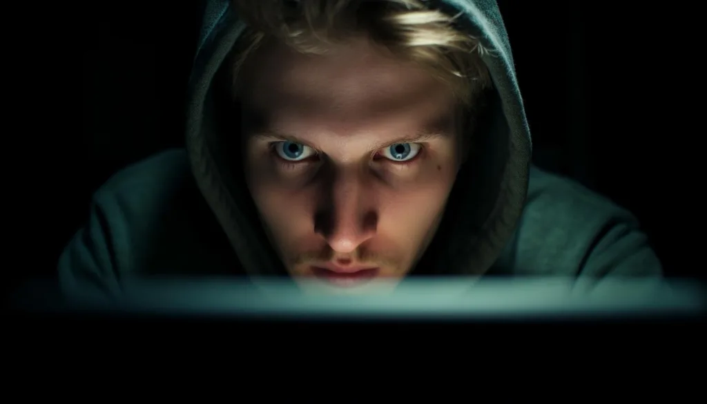 hooded computer hacker stares monitor darkness generated by ai