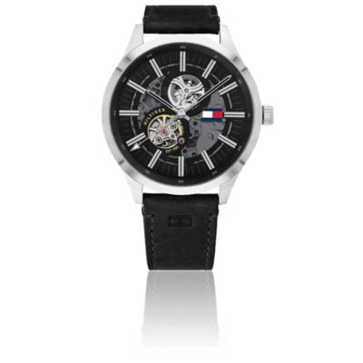 spencer automatic watch steel black leather 1791641 tommy hilfiger