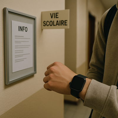 High school corridor in France; pupil with a silent Apple Watch