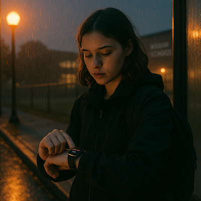 Teenager at the Bus stop at the twilight checking the time on her Apple Watch; SOS functions accessible in an emergency. at the stop_simple_compose_01k5e97cdrejfa1pyxm65925bv