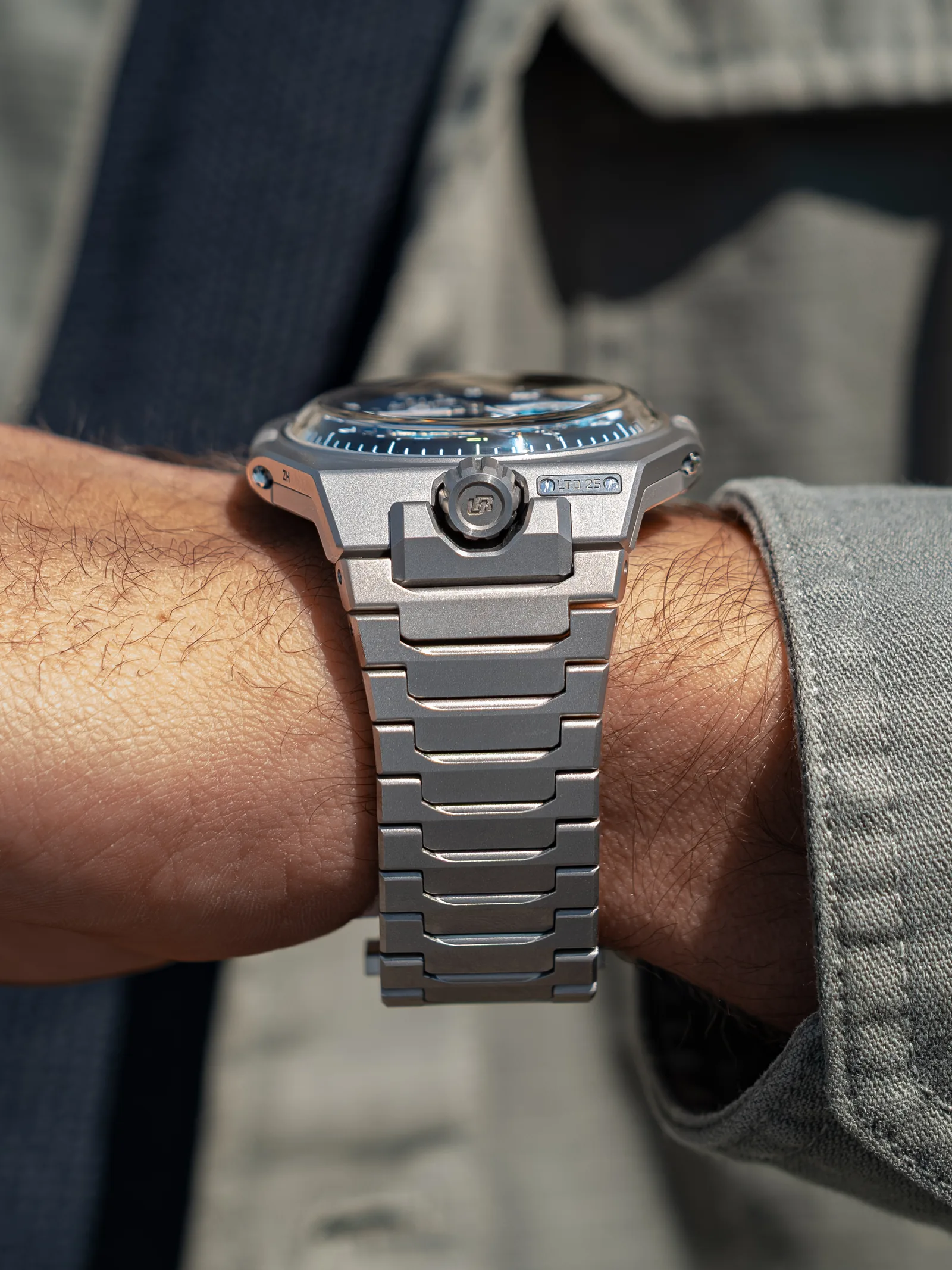 Close view of urwerk spacemeter blue watch